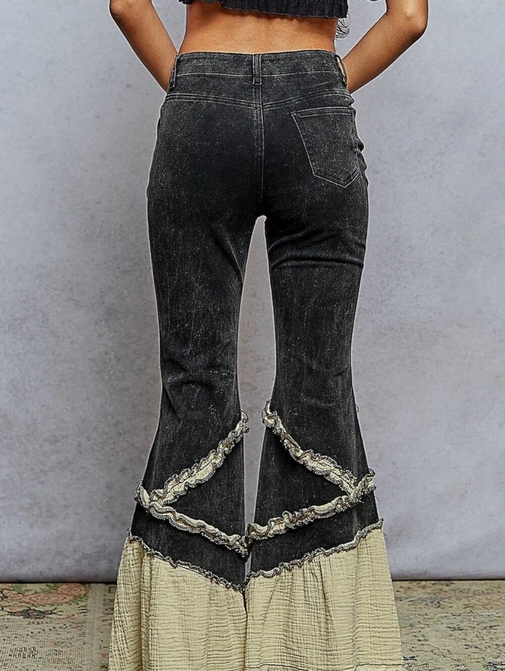 POL Vintage Wash Double Gauze Boho Ruffle Twill Flare Pants in Black&Cream Sz S - Picture 3 of 3